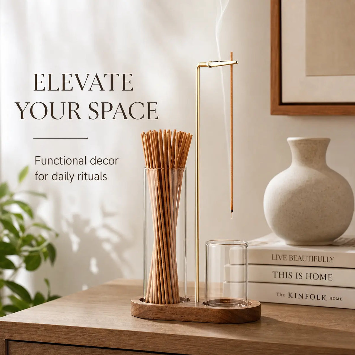 2-In-1 Multi-Functional Incense-Candle Holder with Wooden Base, Bakhoor Burner with Removable Glass Ash Collector, Soothing Aromatherapy Decorative Indoor Piece for Home Users, Relaxing Gift (Wood & Glass), Room Scents
