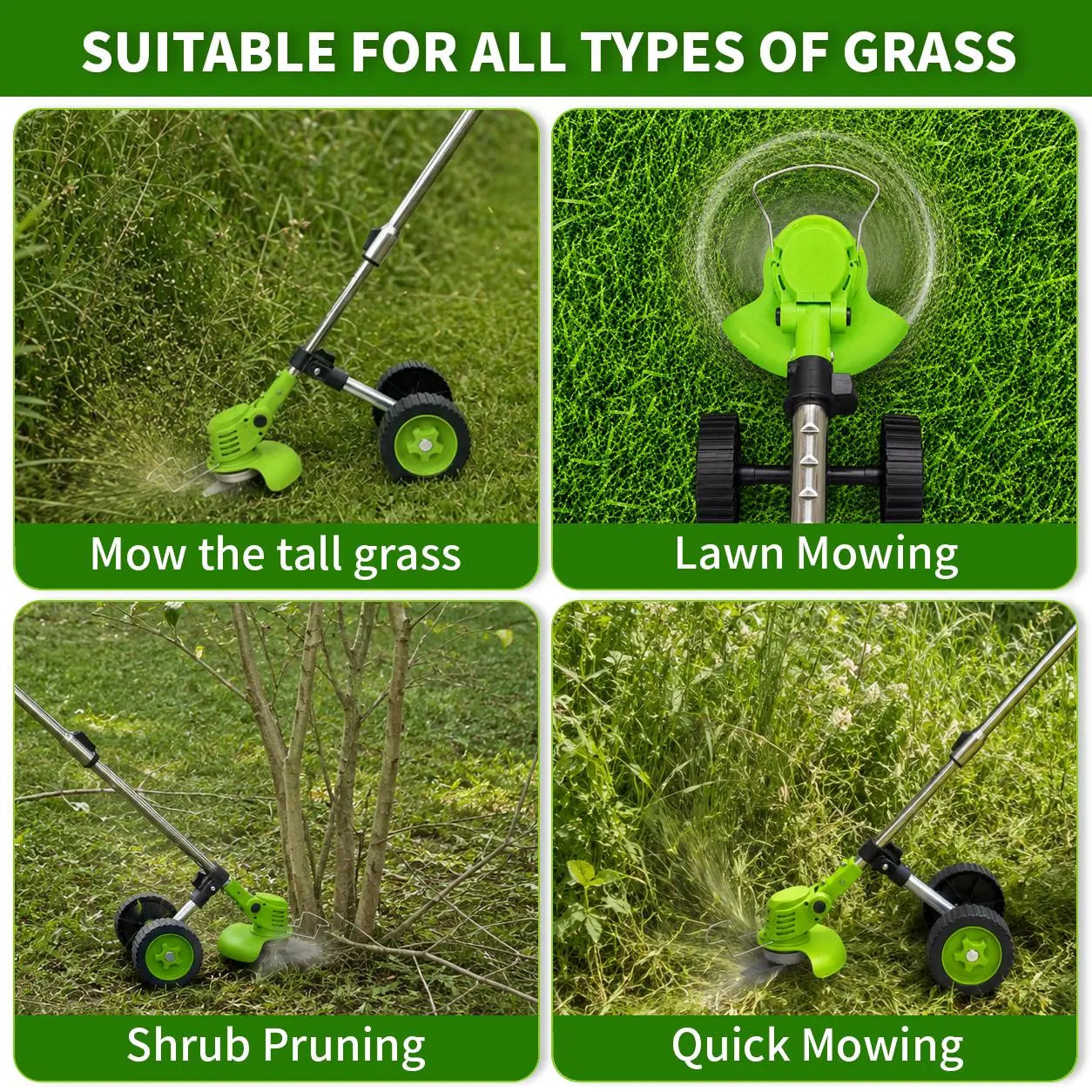 21V Cordless Weed Wacker with Wheels, 3-In-1 Electricstring Trimmer, Edger & Lawn Care Tool, Lightweight Lawnmower for Garden Maintenance, Adjustable Handle