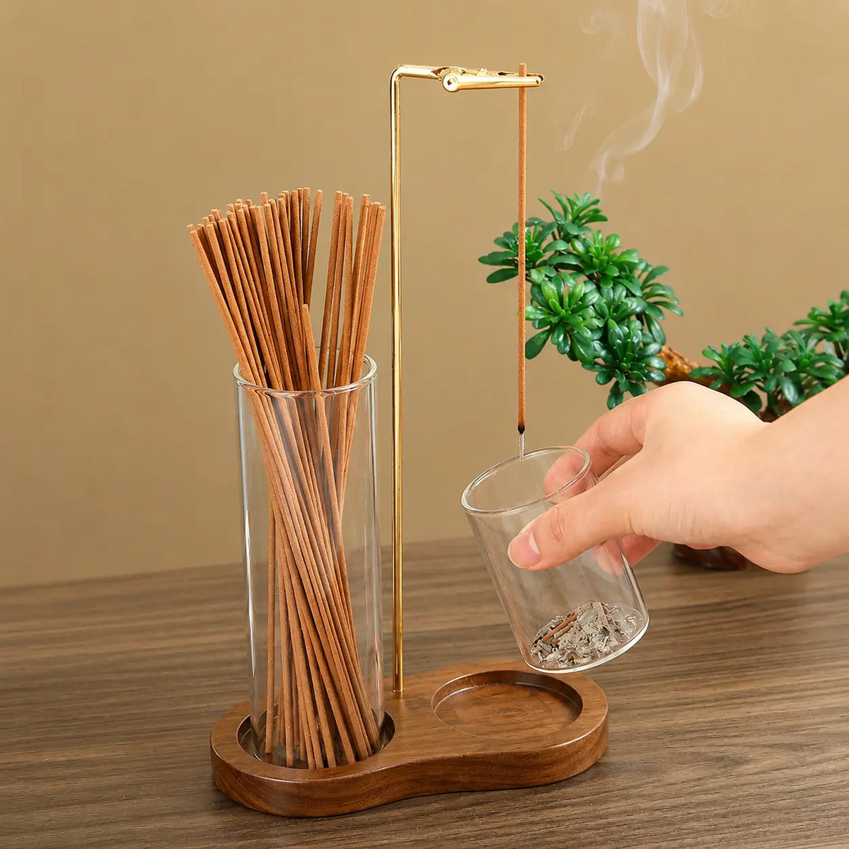 2-In-1 Multi-Functional Incense-Candle Holder with Wooden Base, Bakhoor Burner with Removable Glass Ash Collector, Soothing Aromatherapy Decorative Indoor Piece for Home Users, Relaxing Gift (Wood & Glass), Room Scents