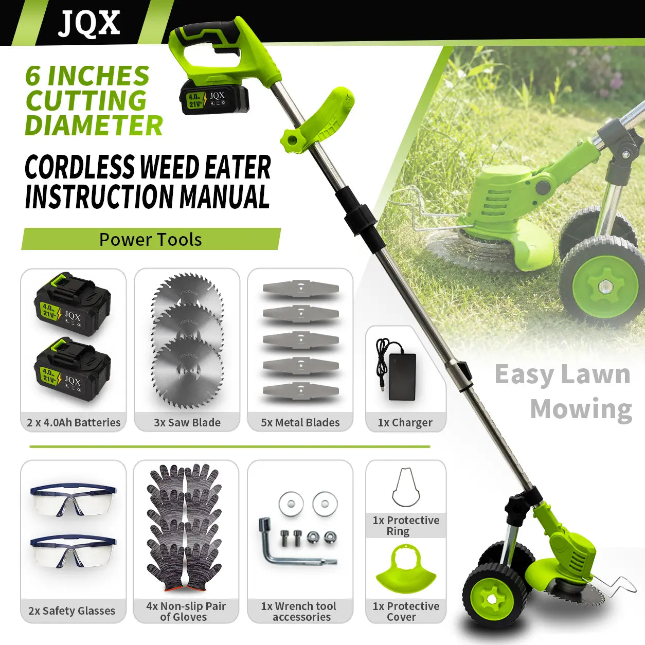 21V Cordless Weed Wacker with Wheels, 3-In-1 Electricstring Trimmer, Edger & Lawn Care Tool, Lightweight Lawnmower for Garden Maintenance, Adjustable Handle