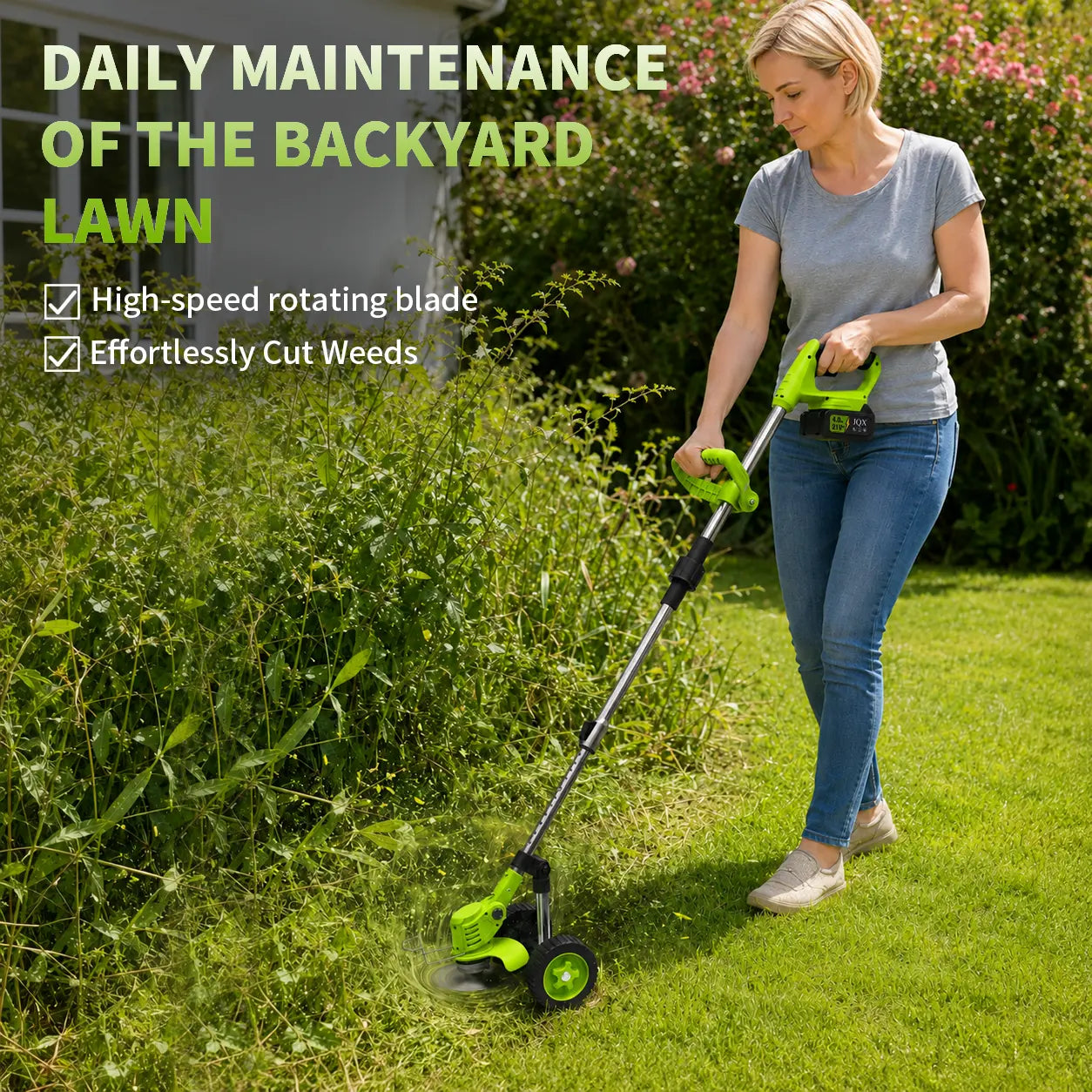 21V Cordless Weed Wacker with Wheels, 3-In-1 Electricstring Trimmer, Edger & Lawn Care Tool, Lightweight Lawnmower for Garden Maintenance, Adjustable Handle
