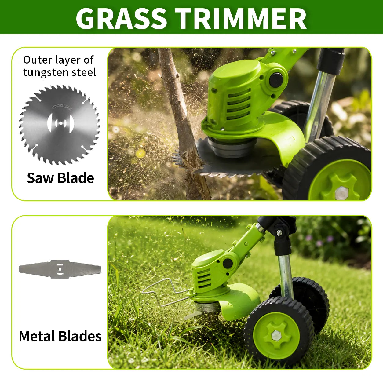 21V Cordless Weed Wacker with Wheels, 3-In-1 Electricstring Trimmer, Edger & Lawn Care Tool, Lightweight Lawnmower for Garden Maintenance, Adjustable Handle
