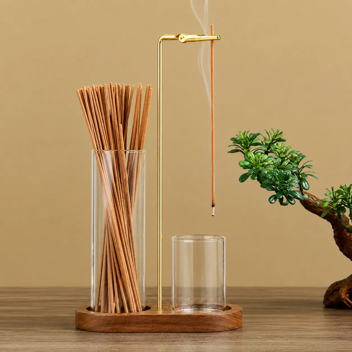 2-In-1 Multi-Functional Incense-Candle Holder with Wooden Base, Bakhoor Burner with Removable Glass Ash Collector, Soothing Aromatherapy Decorative Indoor Piece for Home Users, Relaxing Gift (Wood & Glass), Room Scents