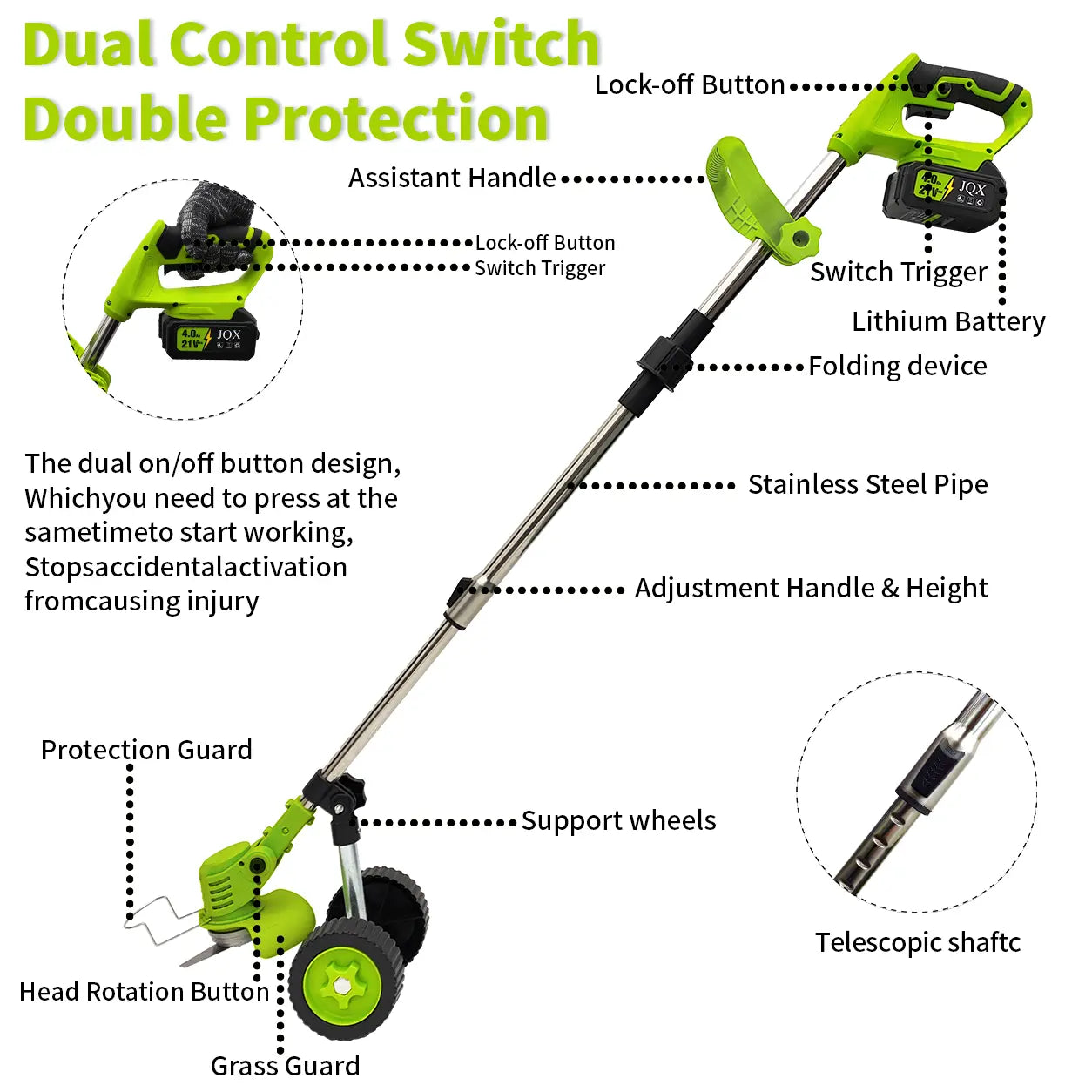 21V Cordless Weed Wacker with Wheels, 3-In-1 Electricstring Trimmer, Edger & Lawn Care Tool, Lightweight Lawnmower for Garden Maintenance, Adjustable Handle