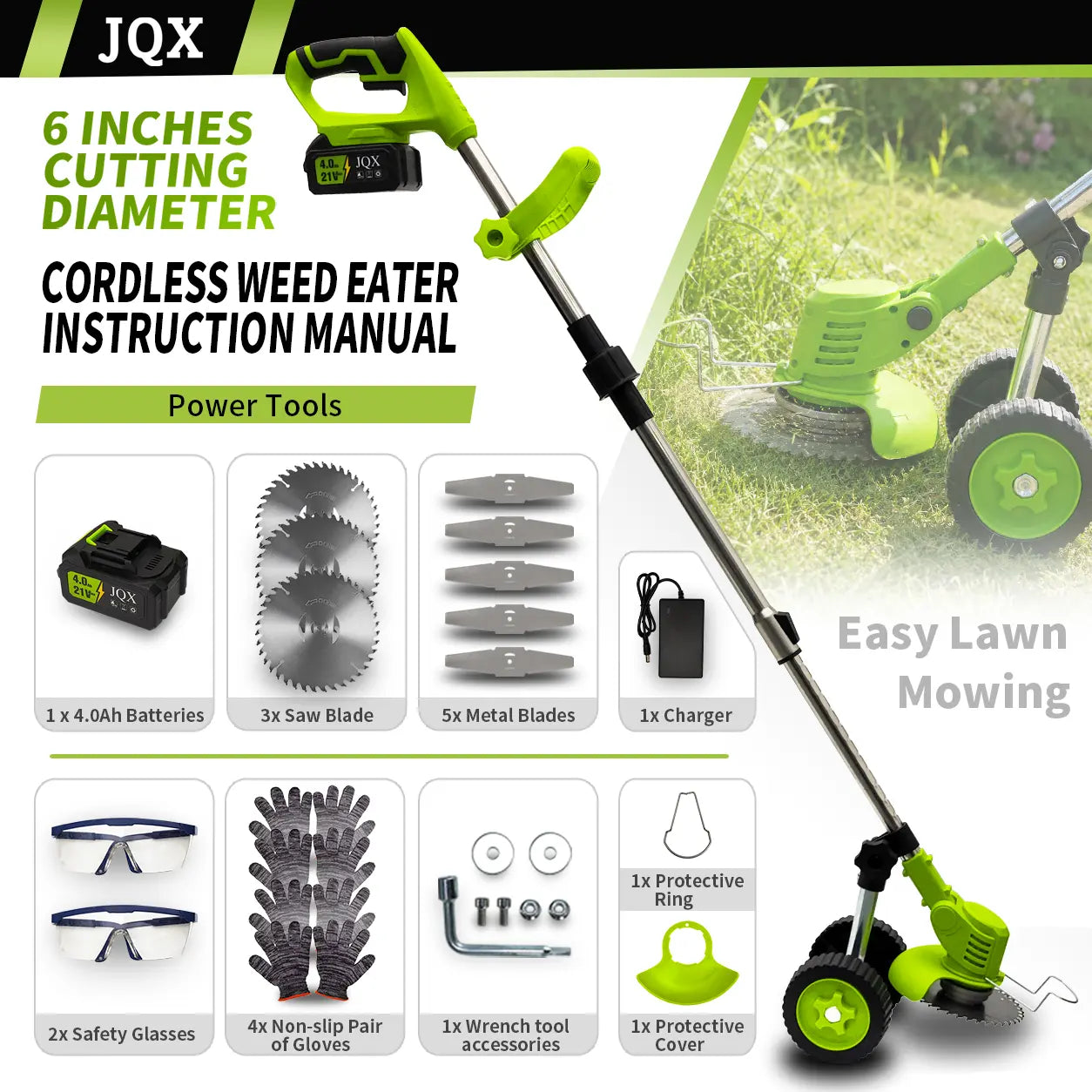 21V Cordless Weed Wacker with Wheels, 3-In-1 Electricstring Trimmer, Edger & Lawn Care Tool, Lightweight Lawnmower for Garden Maintenance, Adjustable Handle