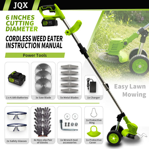 21V Cordless Weed Wacker with Wheels, 3-In-1 Electricstring Trimmer, Edger & Lawn Care Tool, Lightweight Lawnmower for Garden Maintenance, Adjustable Handle