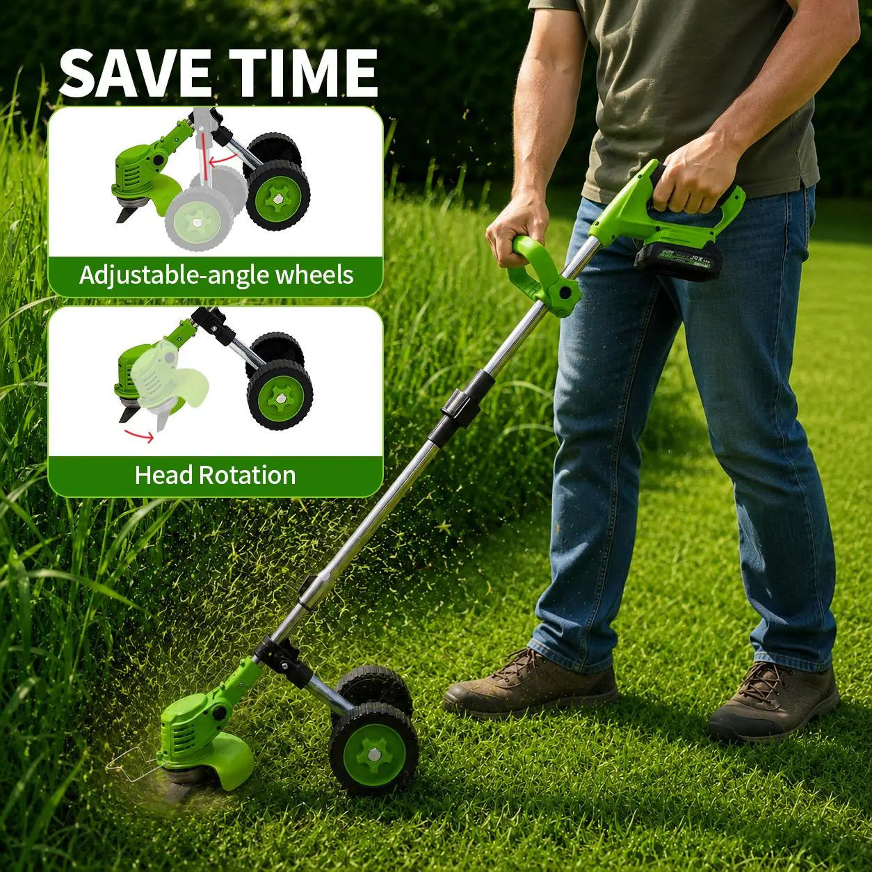 21V Cordless Weed Wacker with Wheels, 3-In-1 Electricstring Trimmer, Edger & Lawn Care Tool, Lightweight Lawnmower for Garden Maintenance, Adjustable Handle