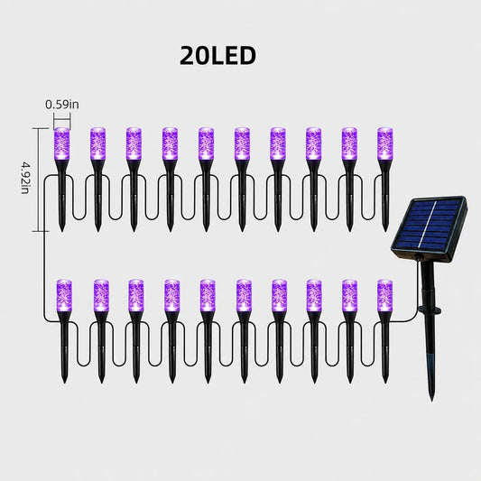 This Solar-Powered In-Ground Light Features 20 Purple Bubble Crystal LED Bulbs (Blue, Warm, Multicolor, White) and Is Ideal for Decorating Gardens and Sidewalks, as Well as for Halloween Parties, Front Yard Decorations, and Haunted House-Themed Events.