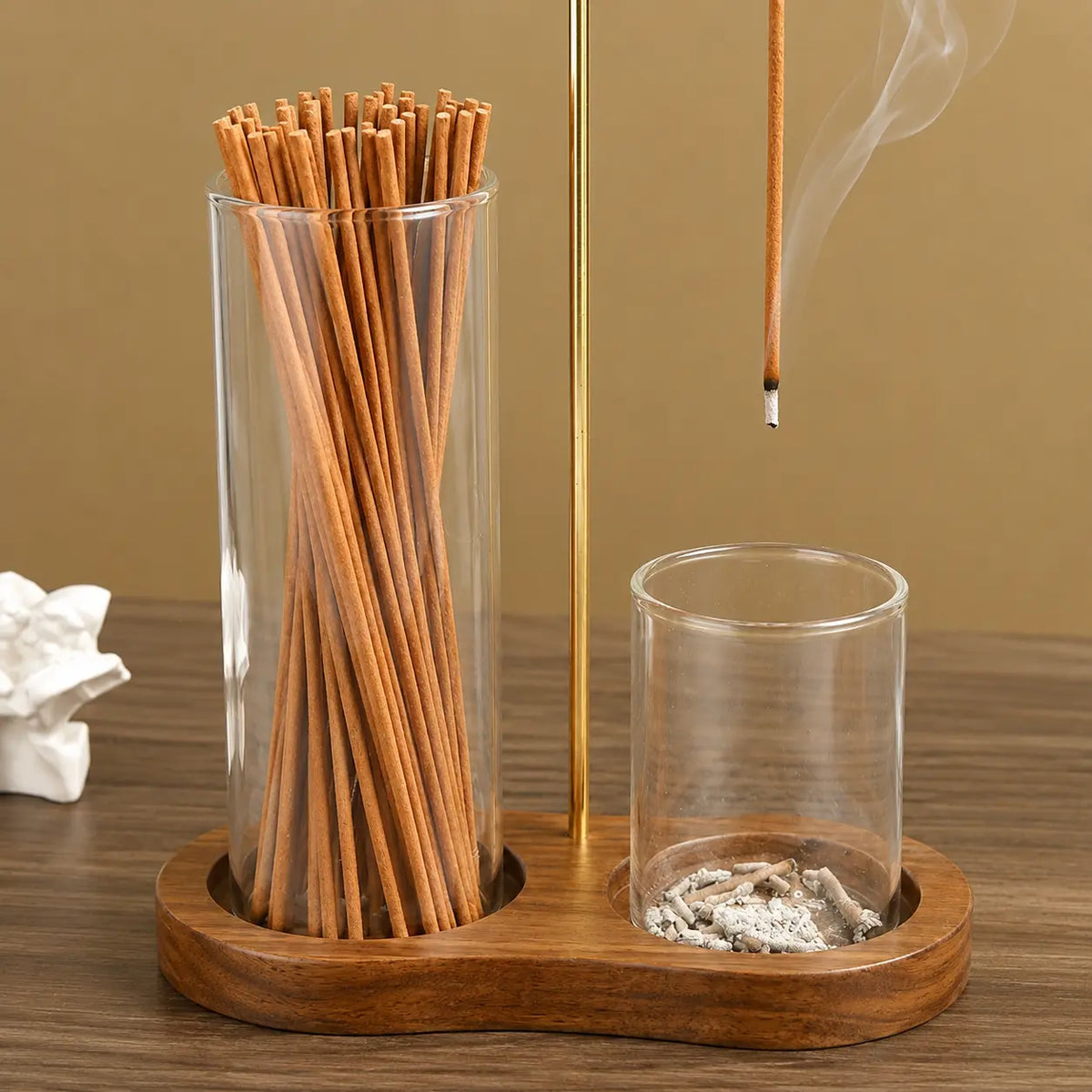 2-In-1 Multi-Functional Incense-Candle Holder with Wooden Base, Bakhoor Burner with Removable Glass Ash Collector, Soothing Aromatherapy Decorative Indoor Piece for Home Users, Relaxing Gift (Wood & Glass), Room Scents