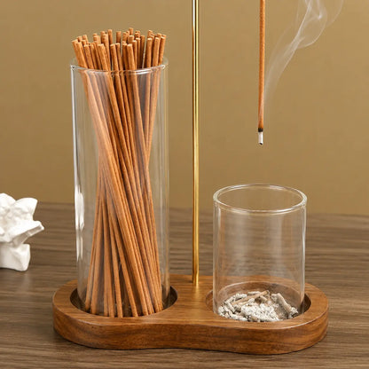 2-In-1 Multi-Functional Incense-Candle Holder with Wooden Base, Bakhoor Burner with Removable Glass Ash Collector, Soothing Aromatherapy Decorative Indoor Piece for Home Users, Relaxing Gift (Wood & Glass), Room Scents