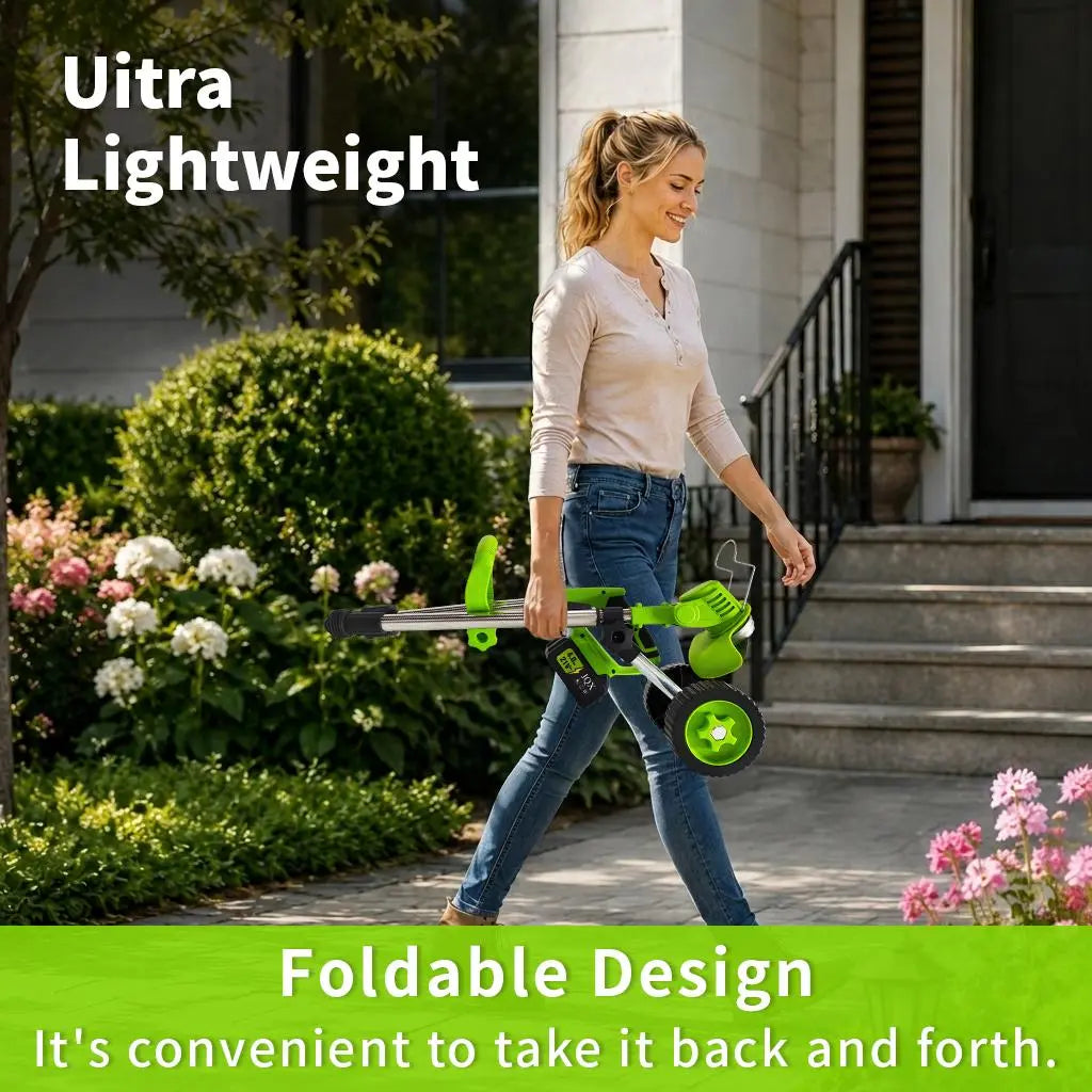21V Cordless Weed Wacker with Wheels, 3-In-1 Electricstring Trimmer, Edger & Lawn Care Tool, Lightweight Lawnmower for Garden Maintenance, Adjustable Handle