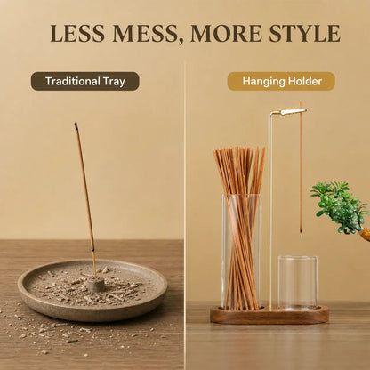 2-In-1 Multi-Functional Incense-Candle Holder with Wooden Base, Bakhoor Burner with Removable Glass Ash Collector, Soothing Aromatherapy Decorative Indoor Piece for Home Users, Relaxing Gift (Wood & Glass), Room Scents